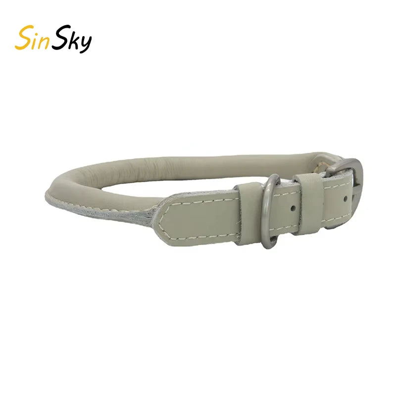SinSky OEM Professional Custom Brand Logo Round Rope Cowhide Pet Dog Collar for Firewood Dog and Wind Dog Collar