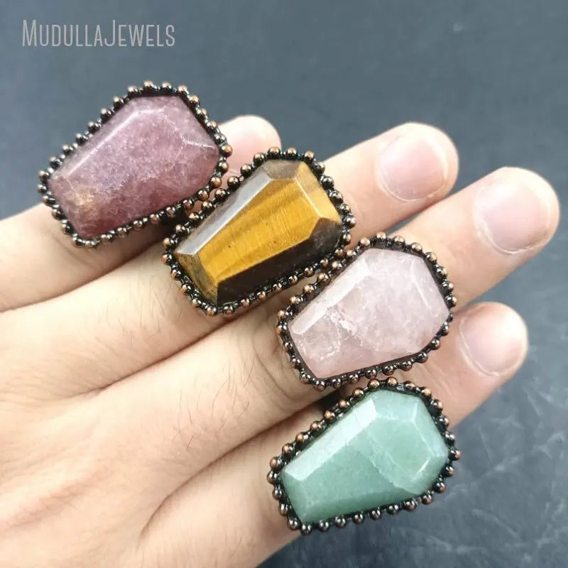 RM48345 Soldered Jewelry Genuine Stone Tiger Eye Rose Quartz Green Aventurine Coffin Hexagon Handmade Rings Vintage Style