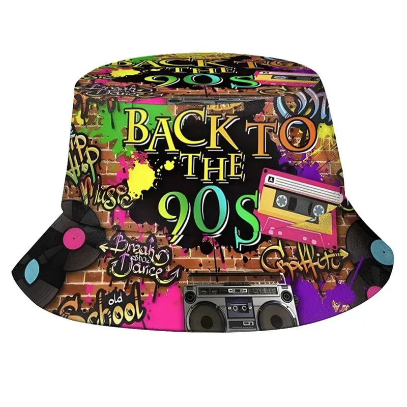 Unisex Retro Punk Rock Hip-Hop Style Bucket Hat Vibrant Graffiti-Print Dual-Sided Reversible Durable Polyester Summer Fishing