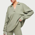 Gym Athletic Wear Women Green Oversize Polo Waffle Knit Long Sleeves Shirts