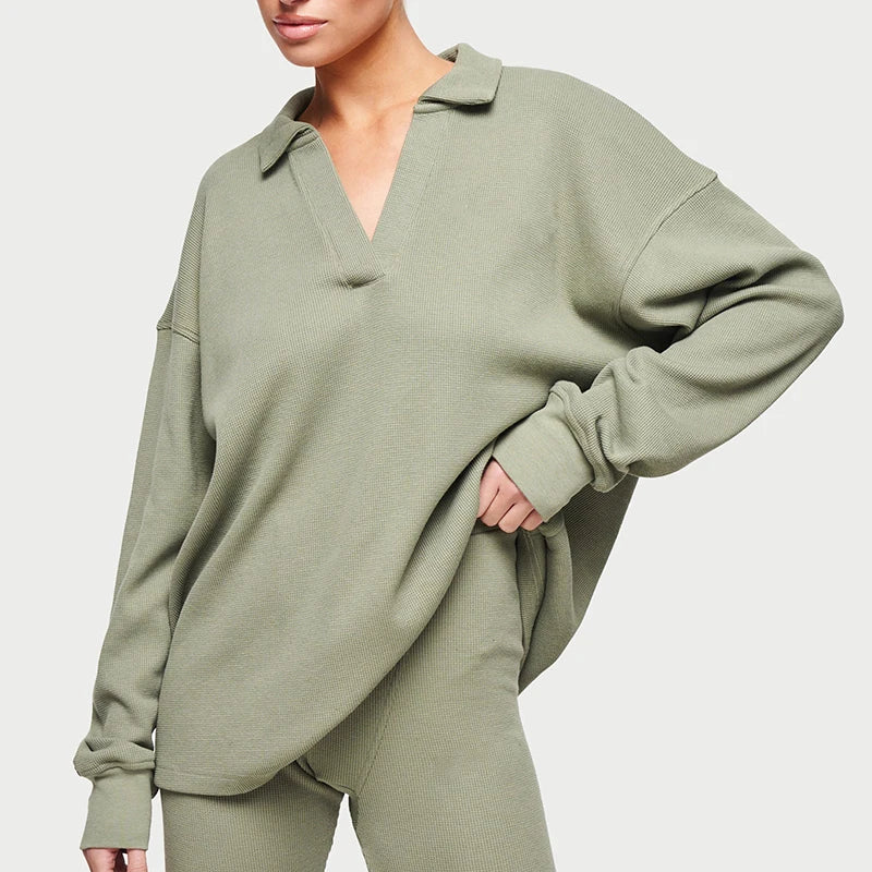 Gym Athletic Wear Women Green Oversize Polo Waffle Knit Long Sleeves Shirts