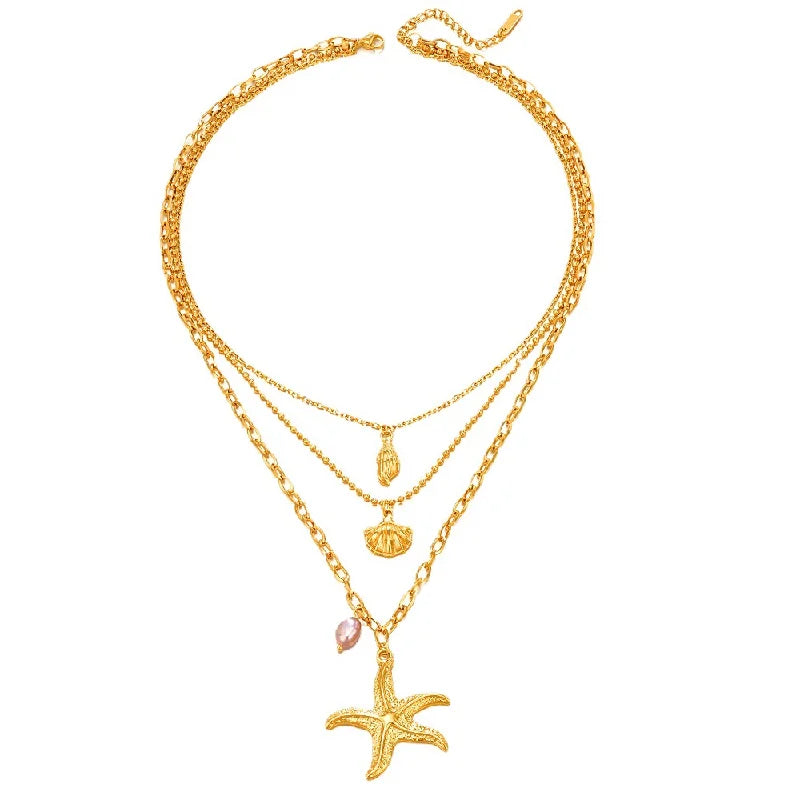 Fashion Vintage Multi-Layer Pearl Starfish Choker Necklace Gold Plated Silver Shell Conch Stainless Steel Women Summer Jewelry