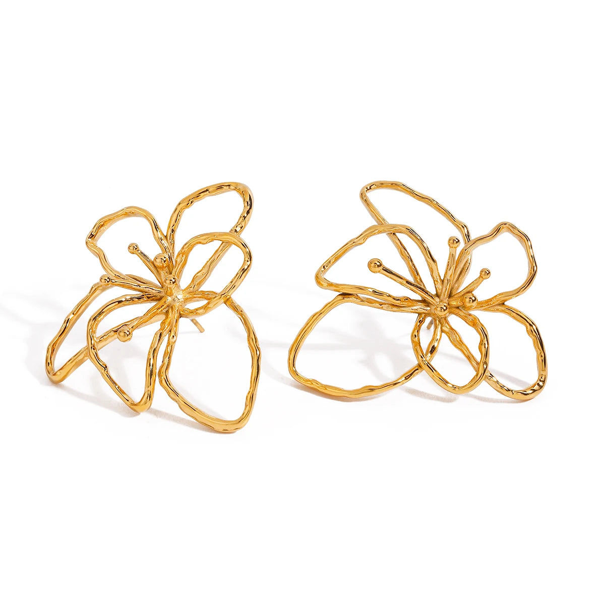 J&D 18K Gold Plate Stainless Steel Hammered Flower Line Stud Earrings Trendy Minimalist Jewelry