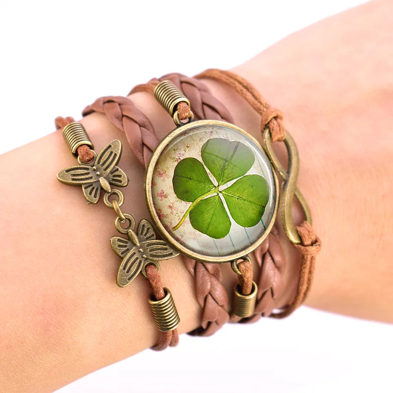 Four-leaf Clover Bracelet Clover Pattern Glass Cabochon Silver Metal Bangle Handmade Weave Leather Jewelry Friends Gift