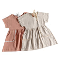 Girls Dress Summer New Girl Linen Solid Color Lace Pocket Short-sleeved Dress