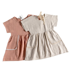Girls Dress Summer New Girl Linen Solid Color Lace Pocket Short-sleeved Dress