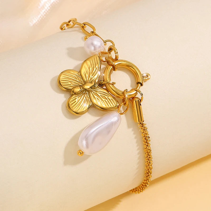 Stainless Steel Jewelry Snap Hook Butterfly Pearl Bracelet 18K Gold Plated Women Snake Hand Chain Bracelet