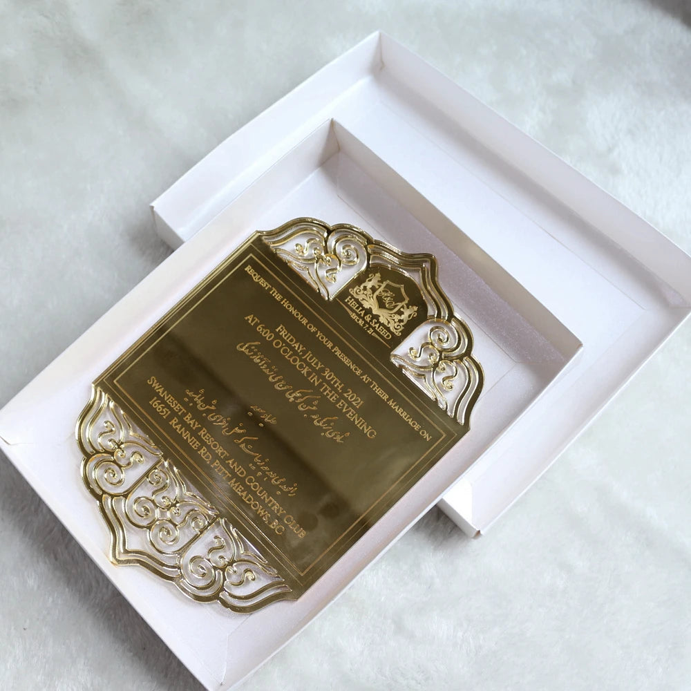 Gold Mirror Acrylic Wedding Invitation Cards with Engraved Logo Embossed Engagement Wording Luxury White Paper Box Decorations