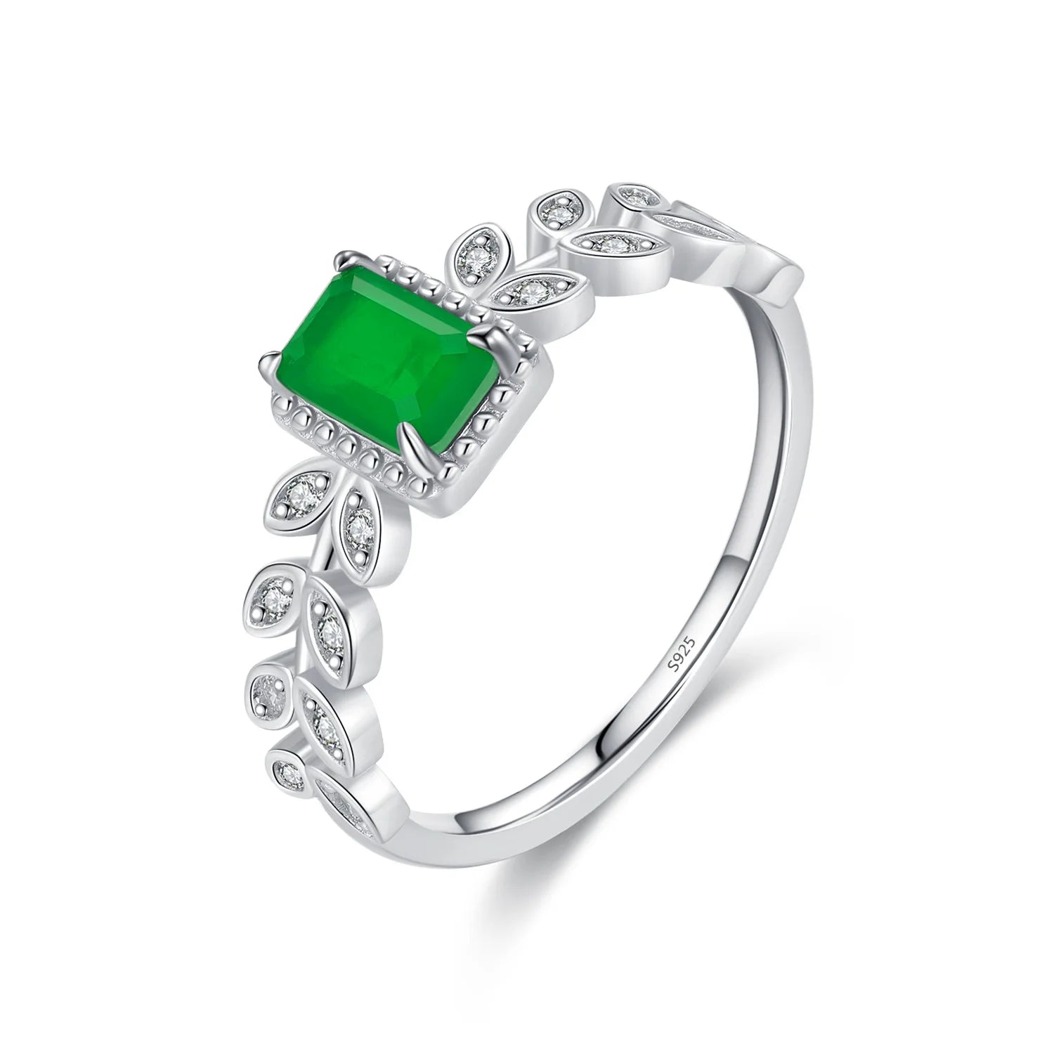 Daidan Rings Vintage Green Emerald Zircon Leaf Women Silver Leaf Ring