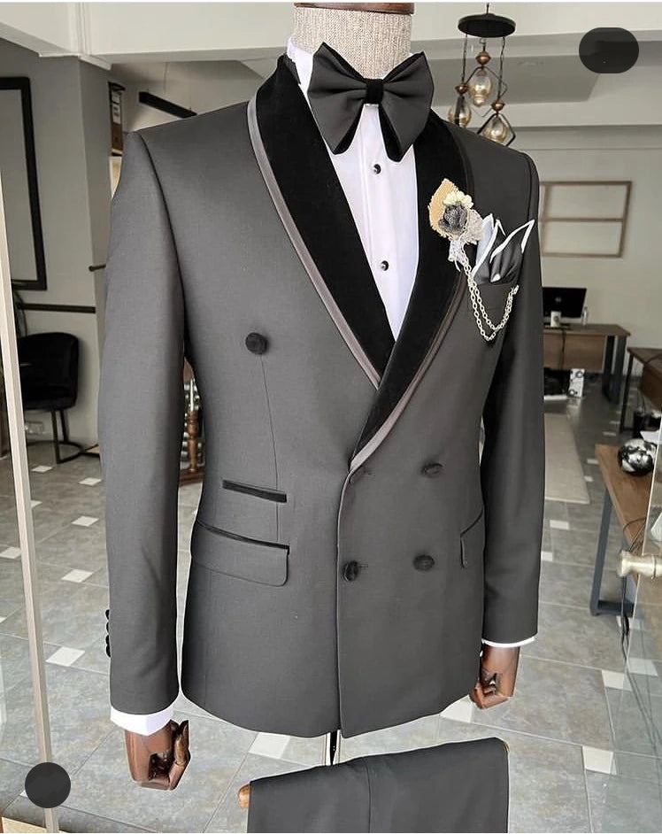 Customized Dark Gray Double Breasted Men's Tuxedos Suits Shawl Lapel Formal Wedding Party Gowns Blazers Two Pieces Jacket+ Pants