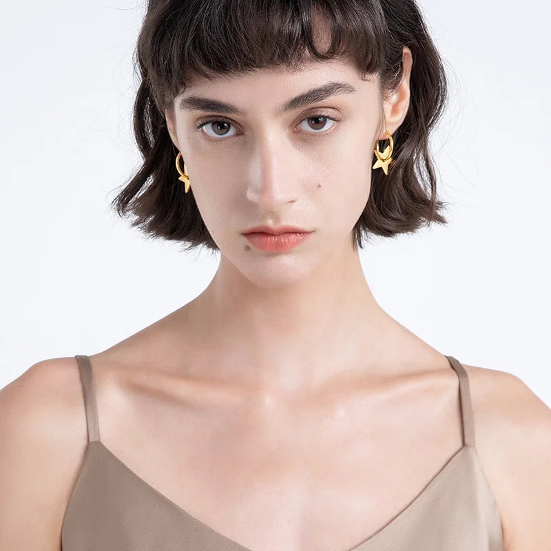Fashion 18K Gold Plated Stainless Steel Jewelry Simple Circle Shaped Five Pointed Star Drop Earrings E211238