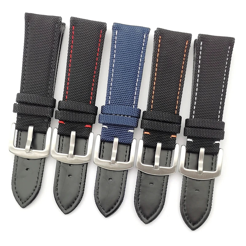 22mm Luxury Leather Nylon Fabric Stitching Watch Band Strap