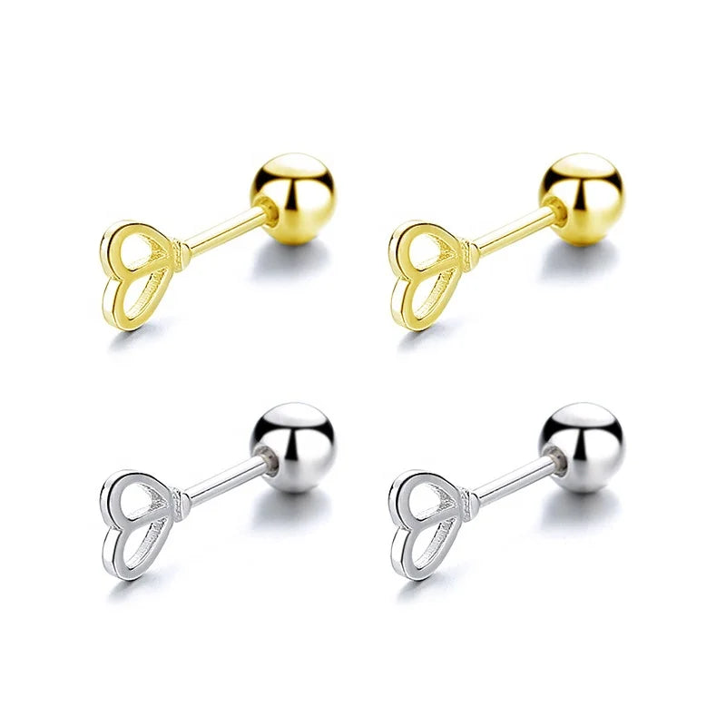E01540 925 Sterling Silver Heart Shape Clockwork Stud Earring School Threaded Earrings Hypoallergenic Earring for Girls Women