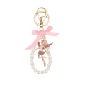 Ins Korean Enamel Angel Bowknot Key Chain White Pink Rhinestone Angel Wing Pearl Beads Keychain Women Bag Accessory