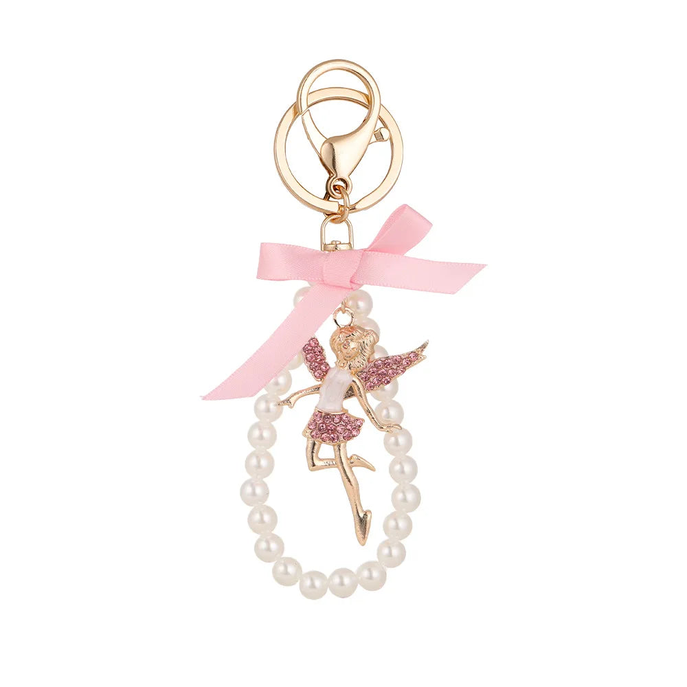 Ins Korean Enamel Angel Bowknot Key Chain White Pink Rhinestone Angel Wing Pearl Beads Keychain Women Bag Accessory