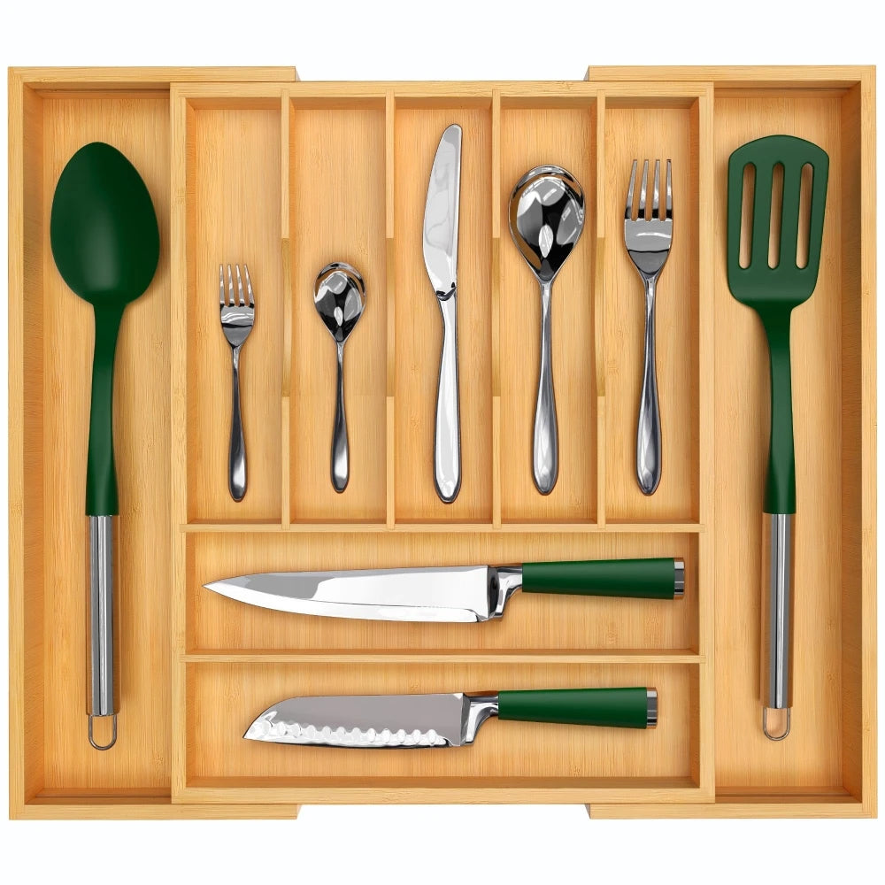 Bamboo Kitchen Drawer Organizer Utensil Holder and Cutlery Tray with Drawer Dividers