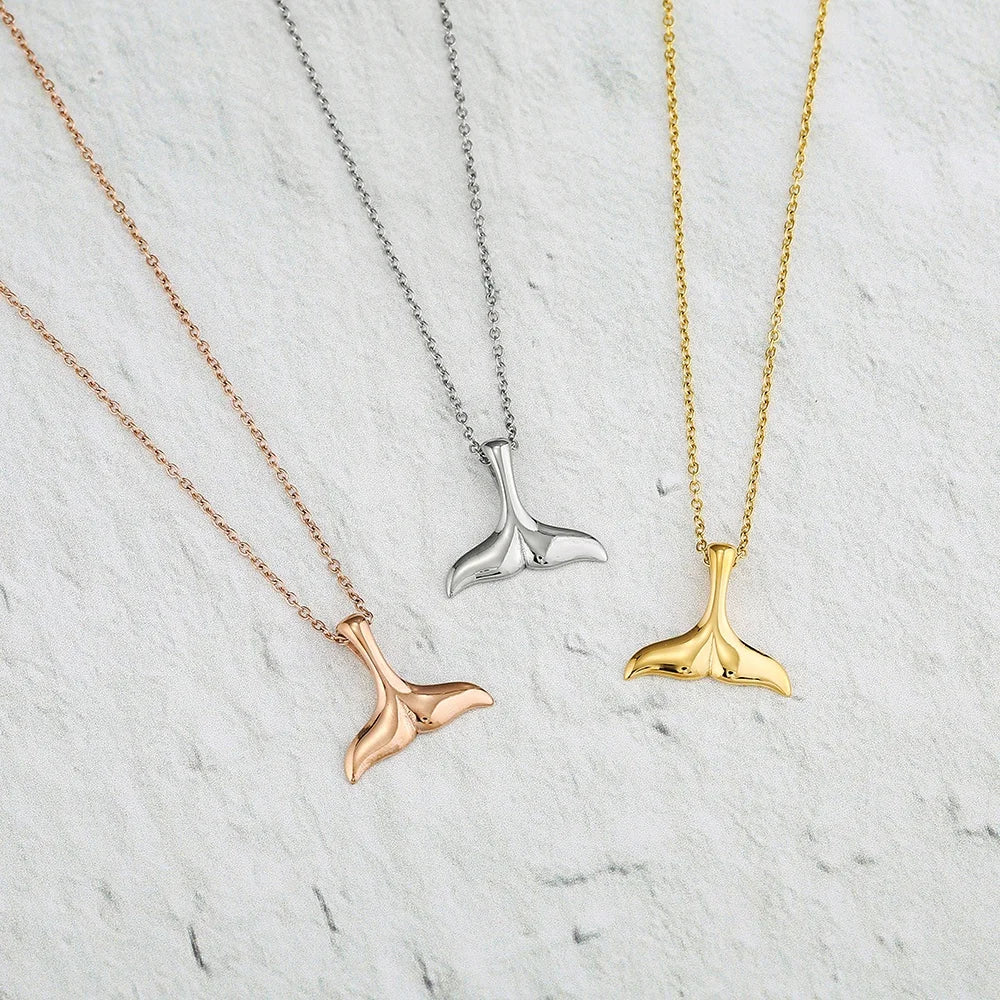 Hot Sale 316L Stainless Steel Mermaid Tail Pendant Necklace Gold Plated Whale Tail as Best Beach Girl Gift Trendy Link Chain