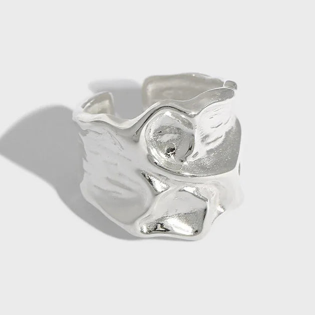 Fold Texture Thick Fine Jewelry S925 Sterling Silver Statement Hammered Open Adjustable Ring for Women