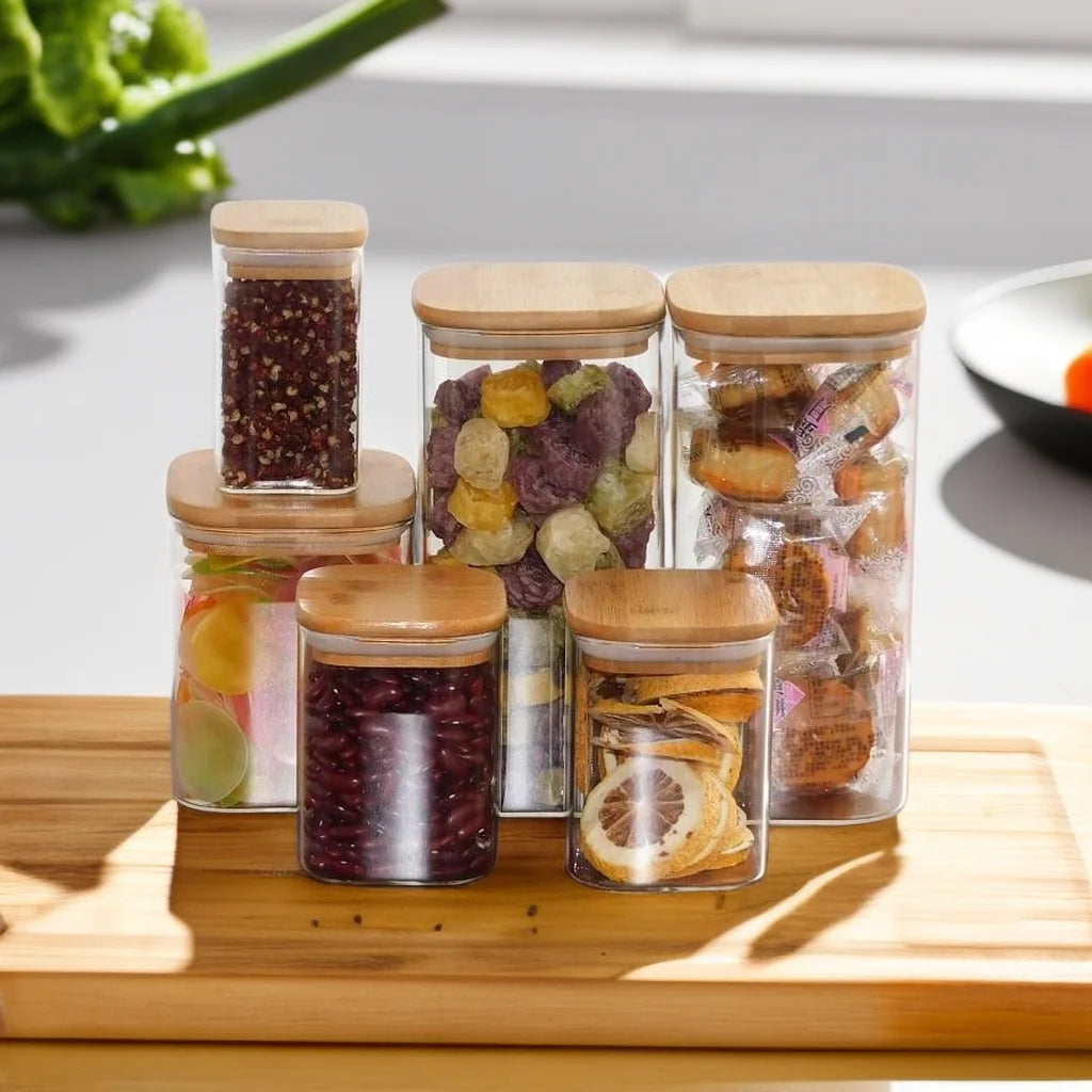 Modern Bamboo Lid Square High Borosilicate Glass Storage Spice Jar Bottles for Kitchen