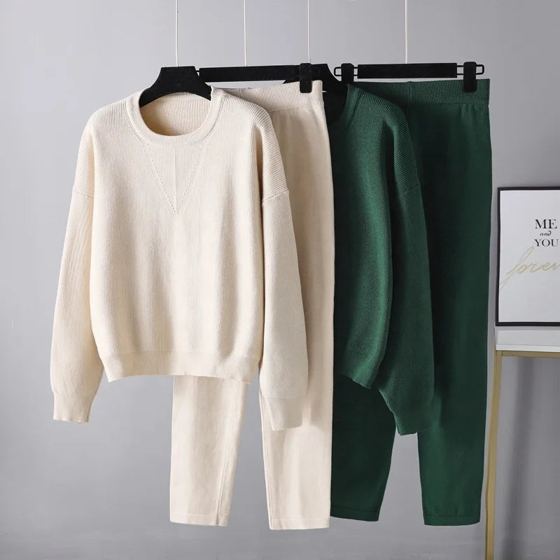 Autumn and Winter Large Size Fashion New Relaxed Casual Sweater Two-piece Set of Solid Color Knitted Suit Female