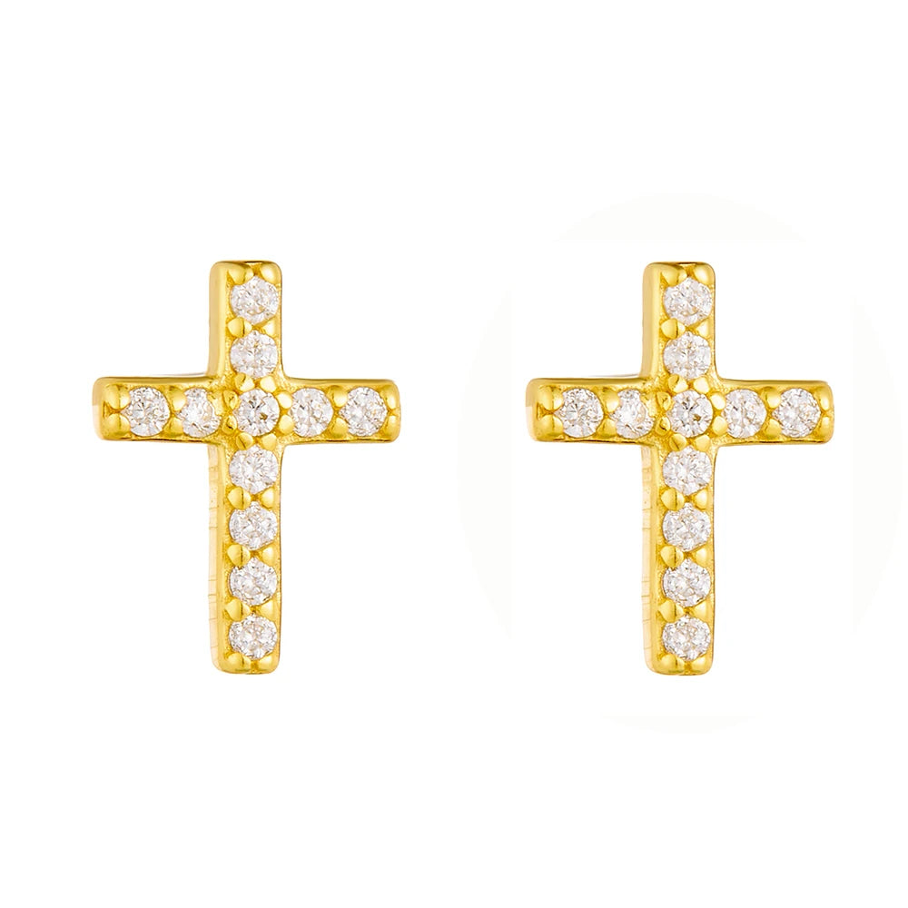 Simple Fashion 14K Gold Plated 925 Sterling Silver CZ Fine Religious Classic Mini Crucifix Cross Stud Earrings for Women Men