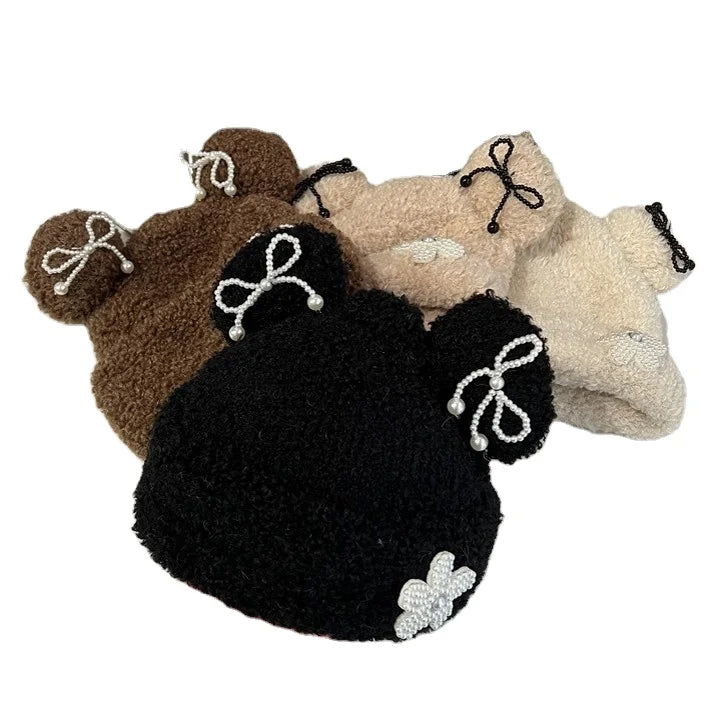 Women's Cute Plush Fluffy Bear Ears Knitted Beanie Hat Winter Hats Ladies Dress Hats Wholesale
