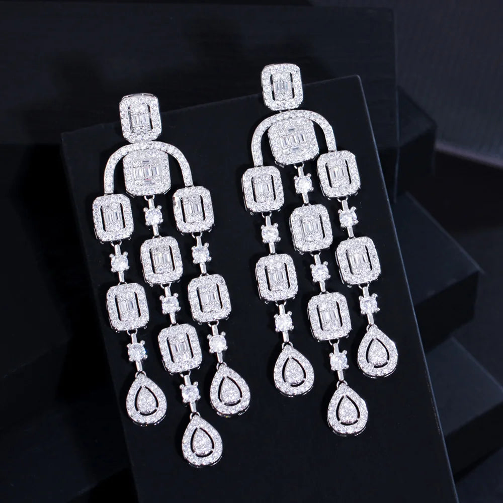 Elegant Gorgeous Cubic Zirconia Pave Long Tassel Dangle Drop Wedding Bridal Earrings Luxury Statement Women Jewelry Accessories