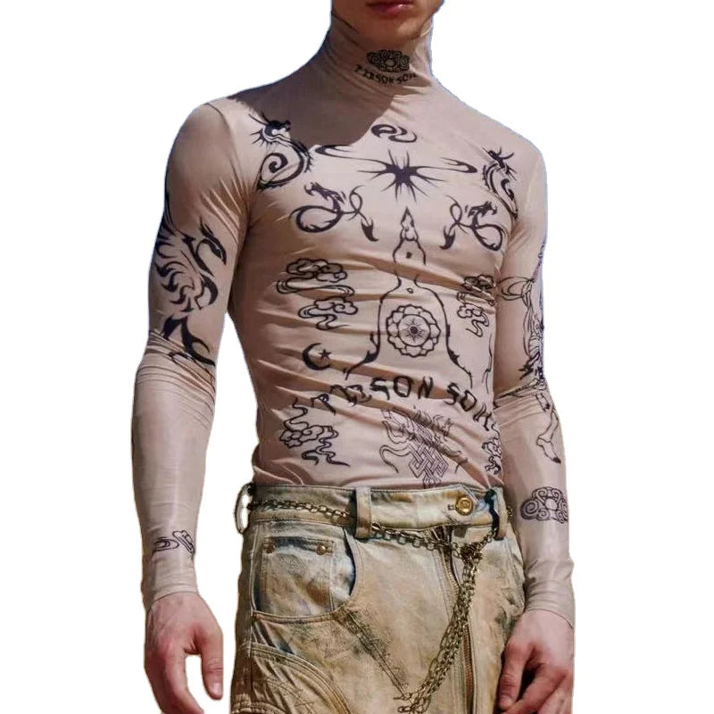 OEM Long Sleeve Semi-sheer Skin High Neck Mesh Allover Graphic Print T-shirt Men