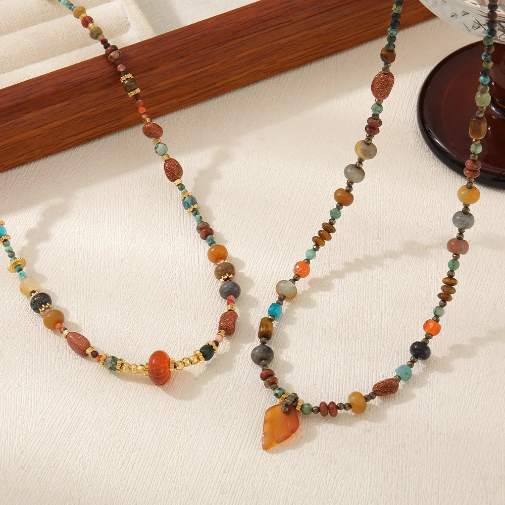 Fashion Boho Jewelry Real Gold Plated African Turquoise Red Agate Handmade Luxury Beaded Gemstone Necklace Women