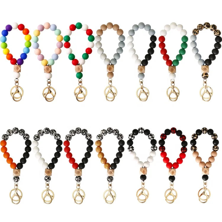 Unique Stylish Large Wristlet Bracelet Car Keychain Leopard Bead Mama Silicone Keychain