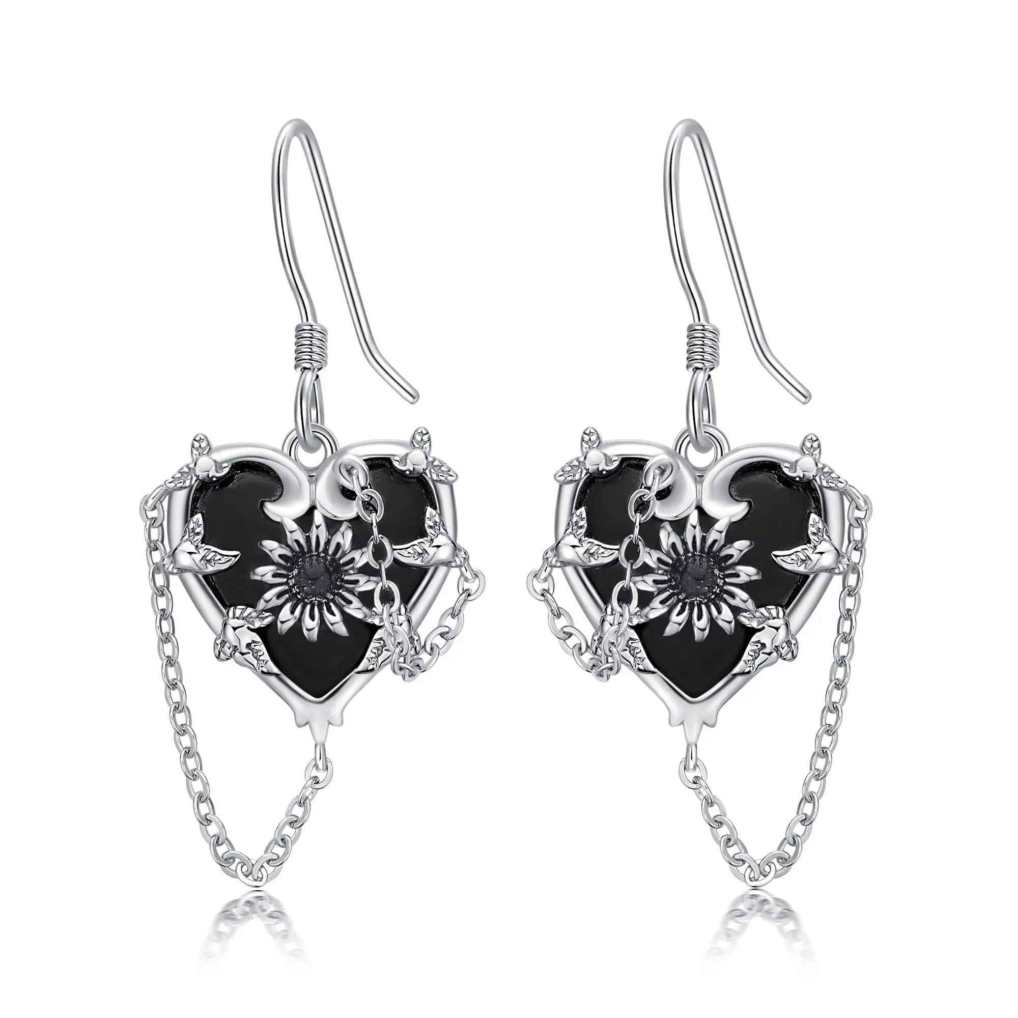 Gothic Fine Jewelry 925 Sterling Silver Black Sunflower Heart Drop Hook Earrings for Women
