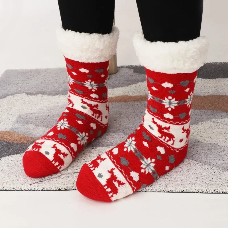 Women Ladies Christmas  Knitted Winter Warm Fleece Anti slip Indoor  Home Floor Slipper Socks