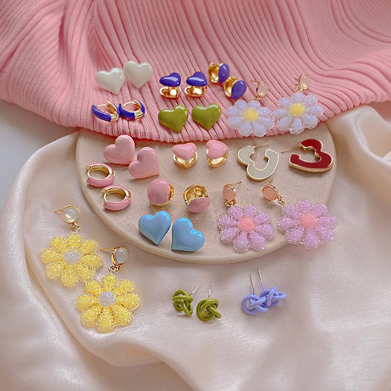 S925 Silver Needle Ear Jewelry Temperament Cute Heart Flower Resin Drop Earring for Girls Candy Colors Hoop Earrings