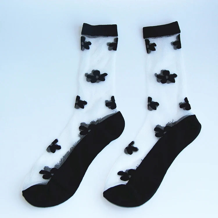 SHANXIN Black Flower Pattern Summer Outdoor Dress Thin Fashion Slouch Socks Women