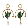 Plated Plant Hoop Earrings Green Oil Dripping Cactus Shaped Fresh Water Pearl Drop Earrings Gold Creative for Women CHRISTIAN