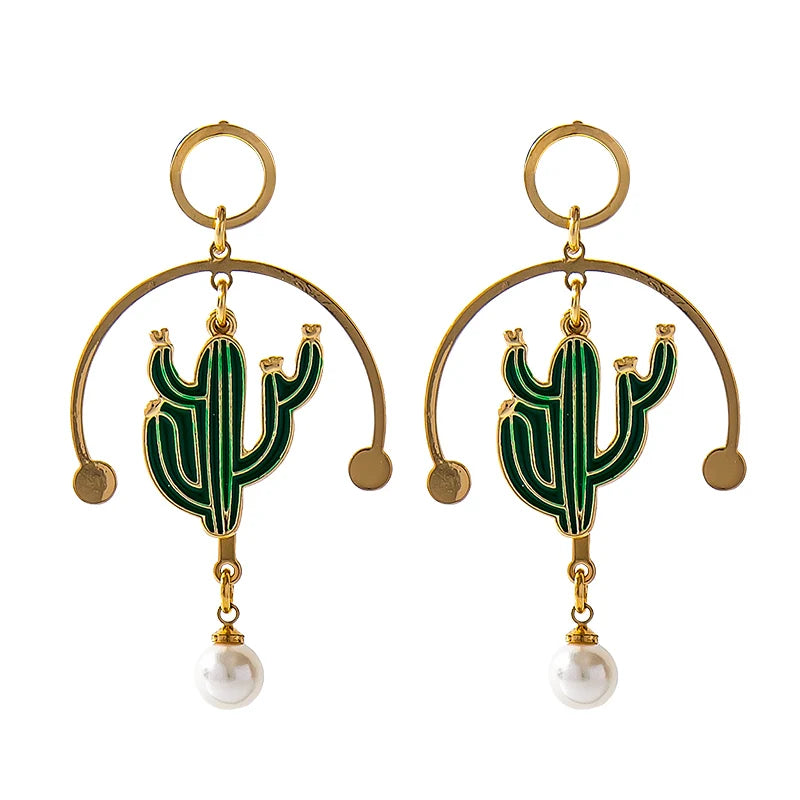 Plated Plant Hoop Earrings Green Oil Dripping Cactus Shaped Fresh Water Pearl Drop Earrings Gold Creative for Women CHRISTIAN