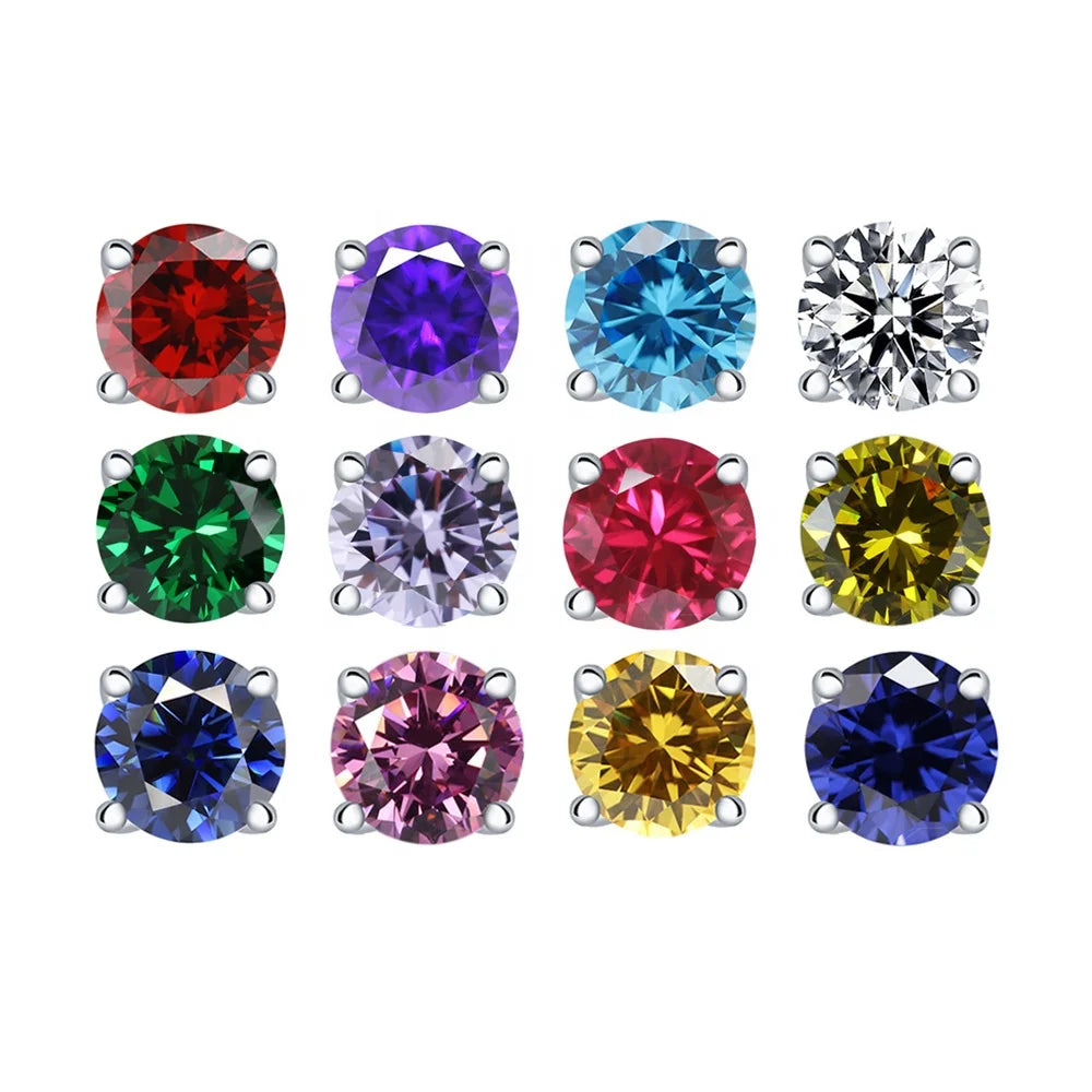 925 Sterling Silver CZ Diamond Birthstone Stud Earrings Classic Fashion Handmade with Rhodium Plating for Wedding and Party