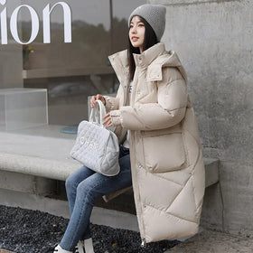 Winter Rhombic Lattice Loose Cotton Jacket Coat Women's Solid Color Big Pocket Hooded Jackets Casual Medium Long Parka 2023 New