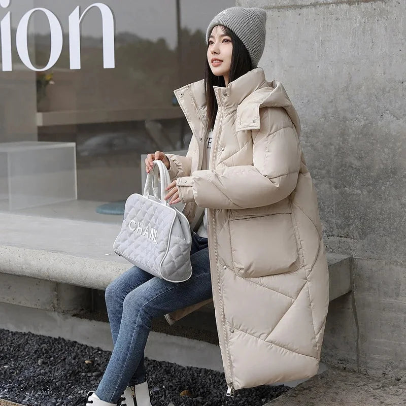 Winter Rhombic Lattice Loose Cotton Jacket Coat Women's Solid Color Big Pocket Hooded Jackets Casual Medium Long Parka 2023 New