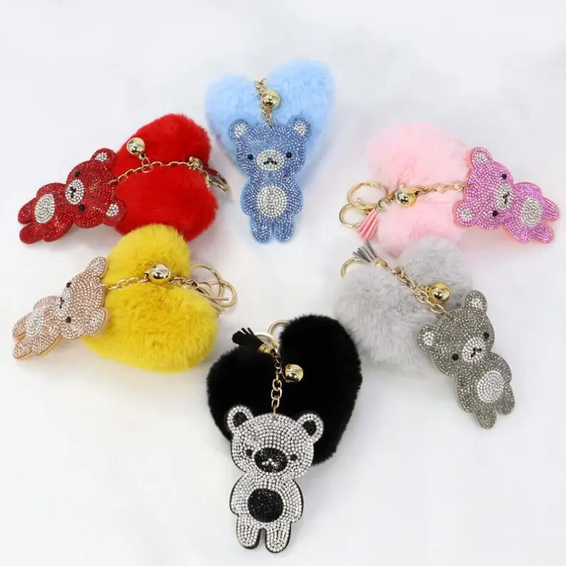 Promotion Cute Fur Ball Pompom Heart Plush Fluffy Balls Rabbit Fur Rhinestone Teddy Bear Key Chain Pom Pom Heart Bear Key Chains