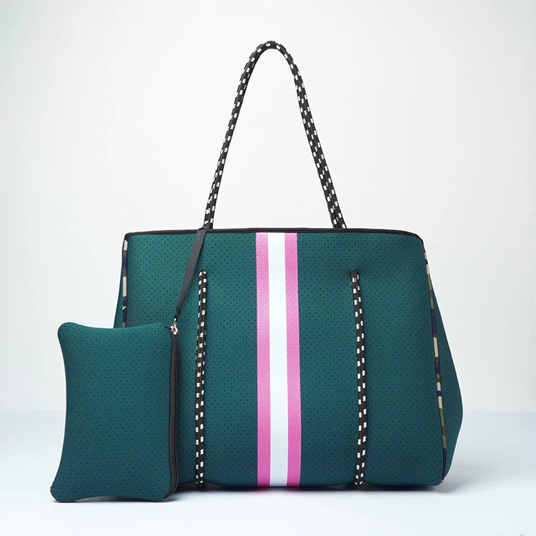 Design Checkered Neoprene Punched Holes Tote Bag Hand With Top Zipper