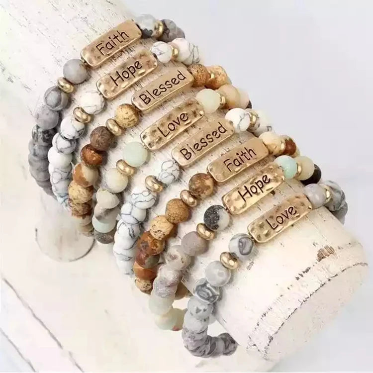 Hot Selling European and American Wild Natural Volcanic Stone Yoga Stone Lettering Alloy Frosted Bracelet