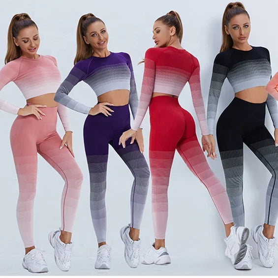 Women Long Sleeves Sport 2Pcs Fitness Sportswear Workout Set Crop Top+Leggings Gym Clothing Ombre Gradient Suit