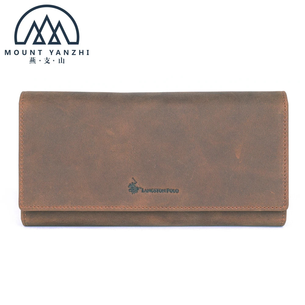 RFID Blocking Genuine Leather Trifold Long ID Credit Card Holder Wallet for Men with Thread Pattern and Multi-Function