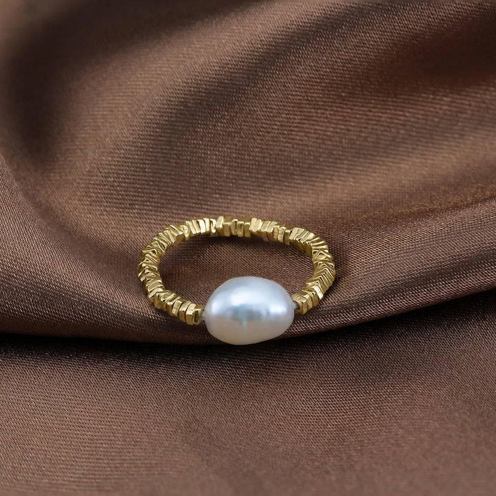 RINNTIN Handmade Broken Silver Finger Rings for Women Fine Jewelry 925 Sterling Silver Natural Baroque Pearl Stretchable Ring