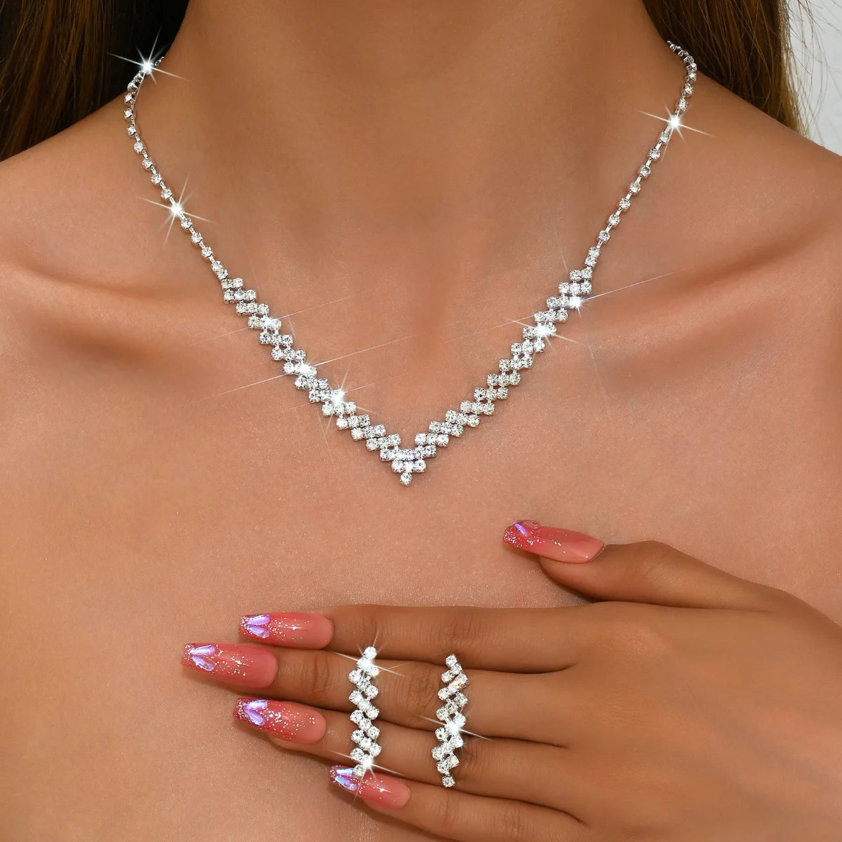 Rhinestone Crystal Bridal Jewelry Set for Women V Shape Choker Necklace Earrings Sets Fashion Wedding Jewelry Sets (KJ129)