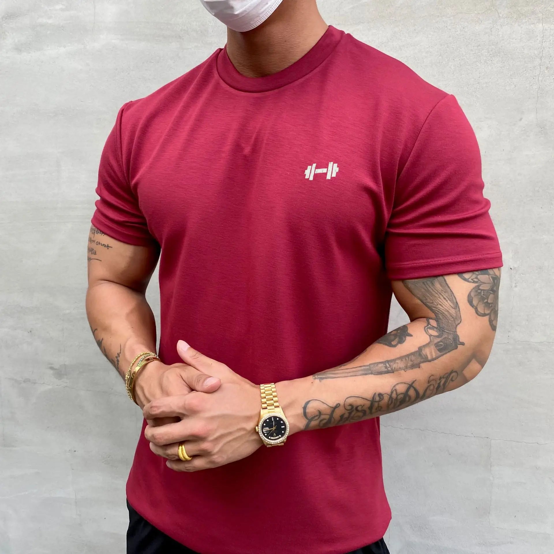 Men's High Elastic Cotton Training Top Short Sleeve O-Neck Gym Muscle Regular Fit Jersey Fabric 250g Weight Solid Pattern