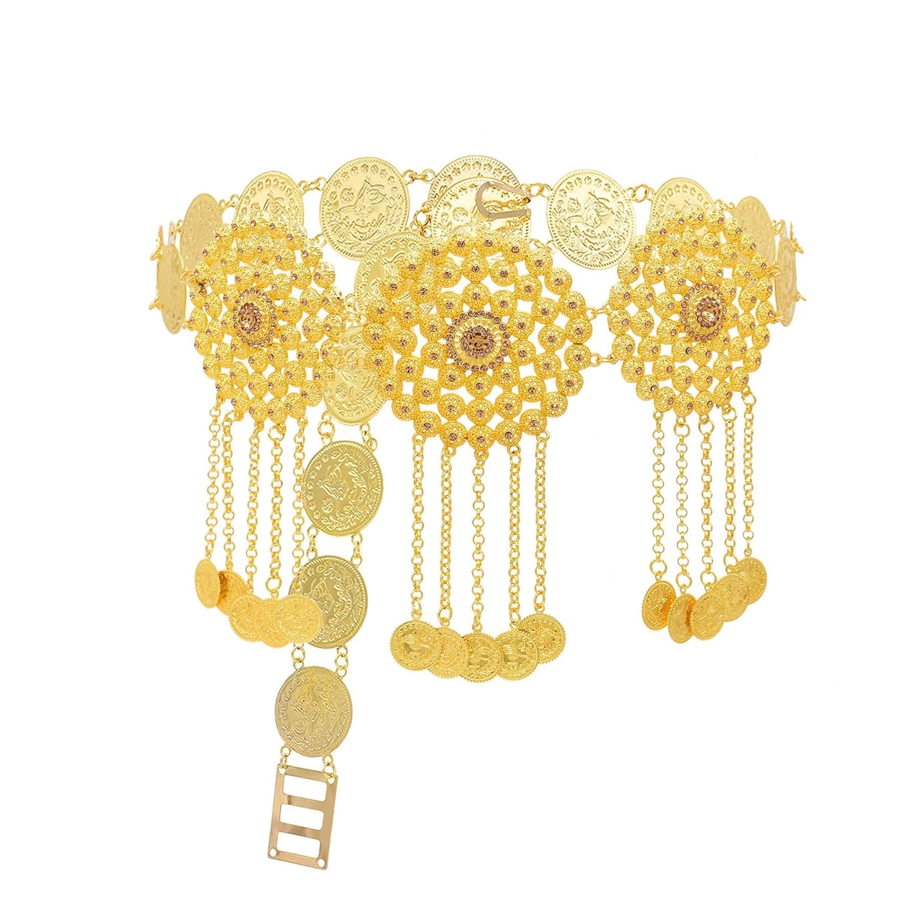 Gold Plated Hollow Round Flower Long Chain Coins Tassel Waist Chain Middle Eastern Ethnic Body Jewelry