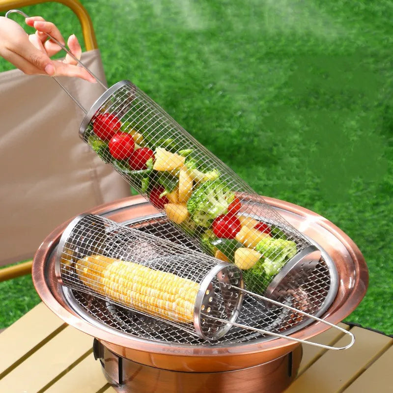 BBQ Basket Stainless Steel Rolling Grilling Basket Wire Mesh Cylinder Grill Basket Portable Round Outdoor Camping Barbecue Rack