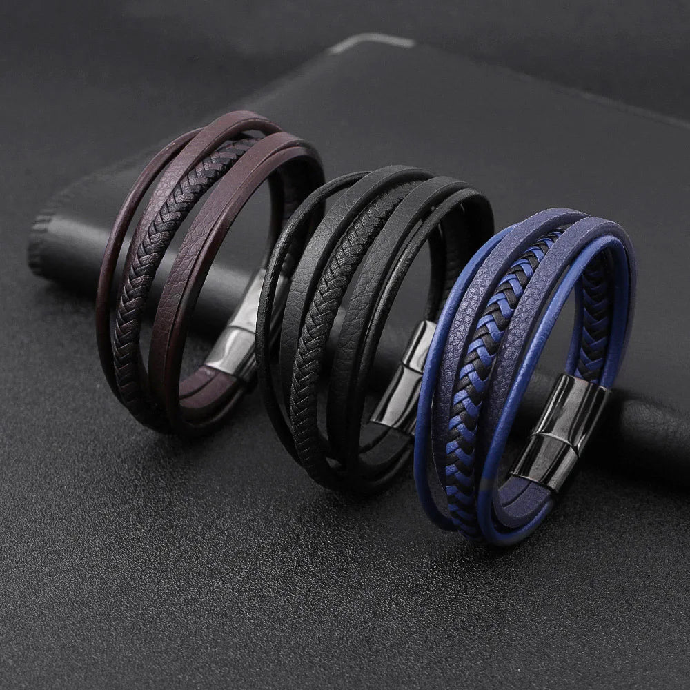 New Fashion Stainless Steel Clasp Multi Layer Real Genuine Leather Bracelet Jewelry for Men